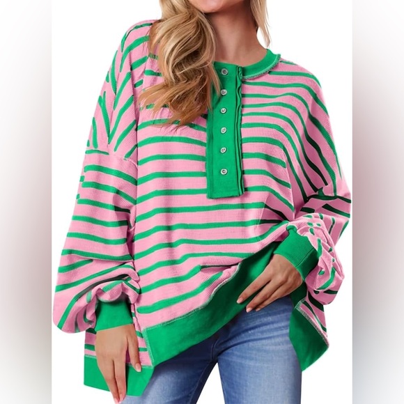 Free People henley sweatshirt terry raglan inside out pullover stripes mint top - Picture 2 of 7